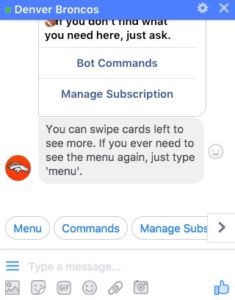 Orange and White Denver Broncos Football Icon Requesting "Menu", "Commands," "Manage Subscriptions," in Facebook Messenger Quick Replies Chatbot Template.