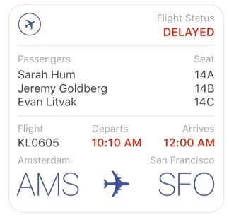 Facebook Messenger Chatbot Airline Update Screen Example Includes a Red "Delayed" for Three Listed Passengers and Flight from Amsterdam to San Francsico.