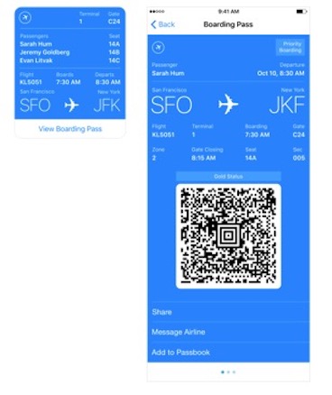 Facebook Messenger Chatbot Platform Provides a Boarding Pass, This One is Blue; This One Shows SFO-JKF, Includes a QR Code and All Boarding Information