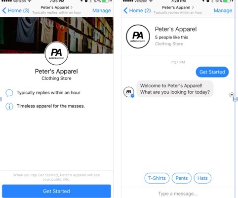 Peter's Apparel Clothing Store Chatbot "Get Started" page on Facebook Messenger
