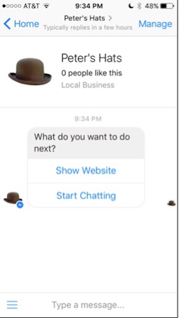 Peter's Hats Facebook Messenger Chatbot Example of "Buttons" Option, Brown Bowler Hat in Top Left Corner as Company Logo, "Show Website" or "Start Chatting" Options