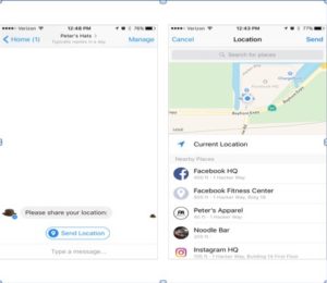 Facebook Messenger Chatbot Quick Replies-Brown Bowler Hat Icon for Peter's Hats with a "Send Location" and pop-up of Map with nearby locations. 