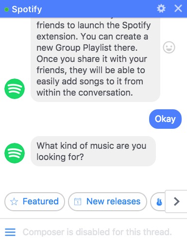 Spotify Open Graph Template in Facebook Messenger Chatbot, includes a Horizontal Scroll Bar as in "Featured,""New Releases" to Guide Your Playlist Creation and Selection