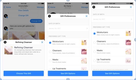 Victoria Belle Facebook Messenger Chatbot Example of Webview, Open website within Messenger, selection of lotions and moisturizers