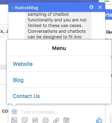 nativeMsg chatbot on Facebook Messenger view of Persistent Menu example, of three options that users can always access throughout experience