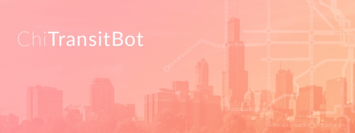Chicago Commuters: Chicago Transit Bot Logo White with pink background of city skyline