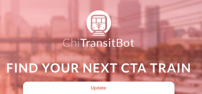 Chicago Transit Bot Launch Chicago Transit Bot Logo "Find Your Next CTA Train" title overlay on pink background of Chicago