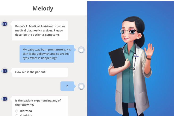 Cartoon woman doctor with glasses and dark hair with blue background, text screen on left with chatbot conversation.