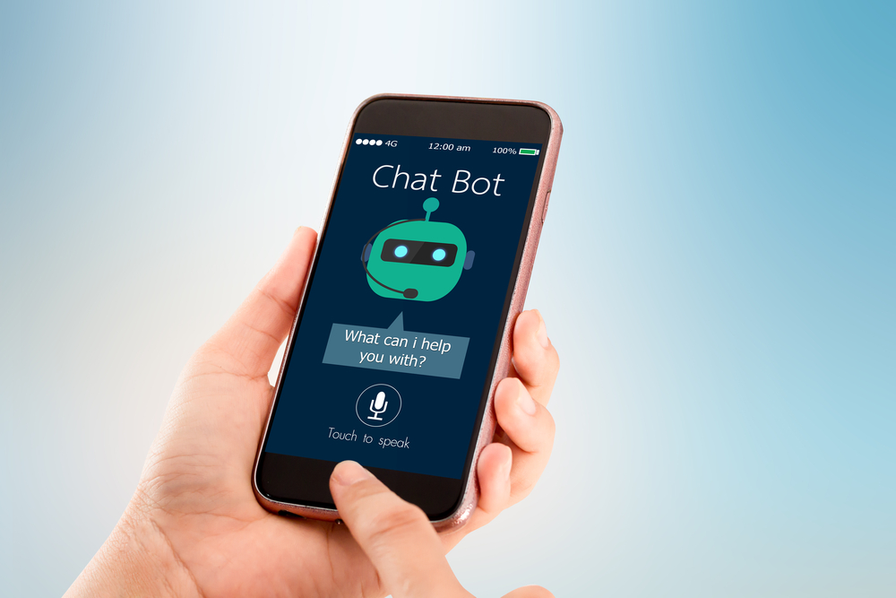 mobile phone with chatbot and microphone icon "how can I help you?" Chatbots for events