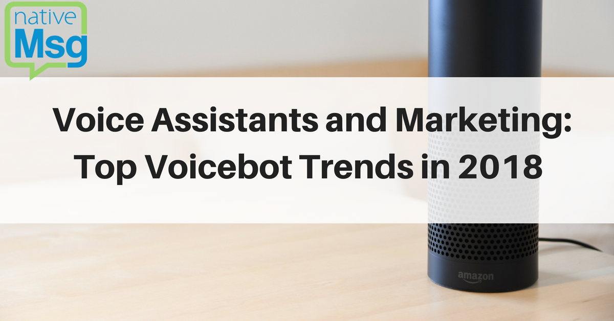 Amazon Alexa Smart Speaker in background right with title overlay Voice Assistants and Marketing: Top Voicebot Trends in 2018