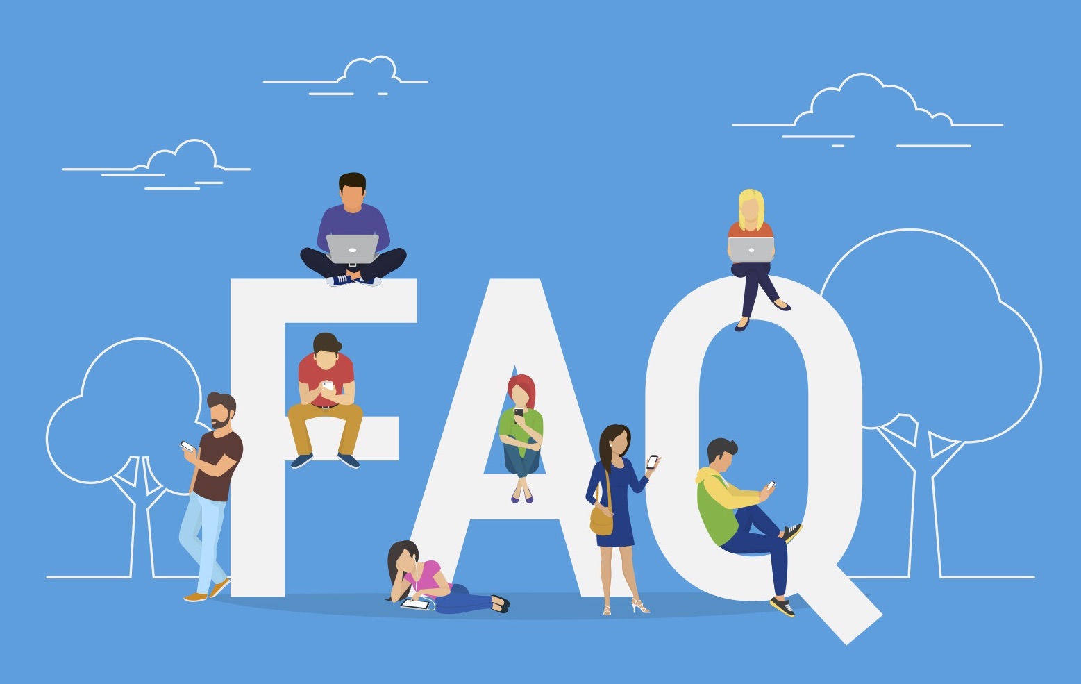 cartoon people sitting on FAQ sign with blue background 